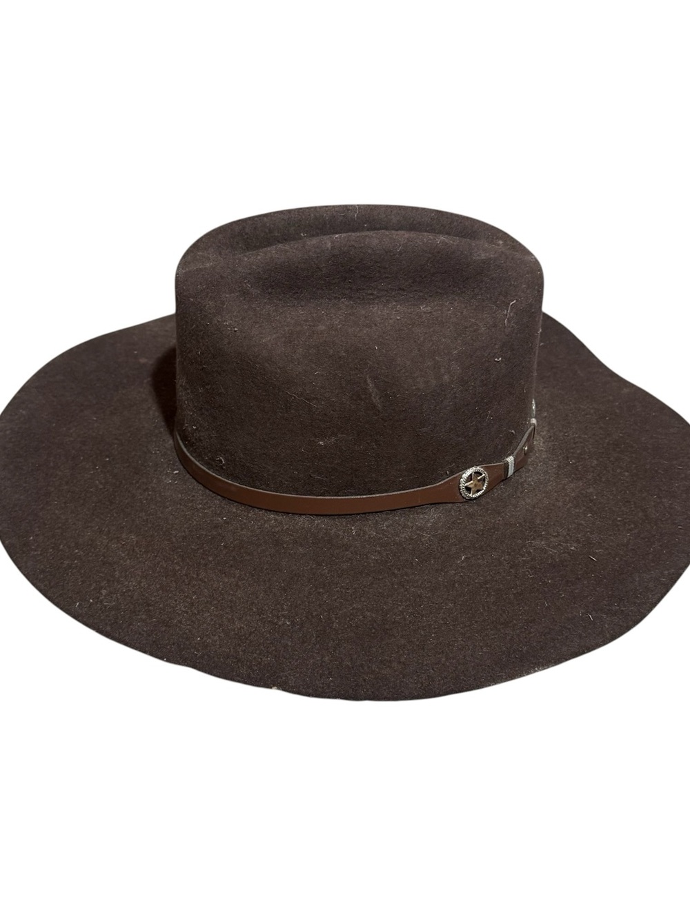Vintage Brown Wide-Brim Wool Felt Women's Hat with Leather Band 7 1/8